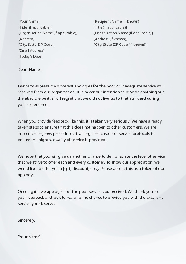 Apologize For Poor or Inadequate Service